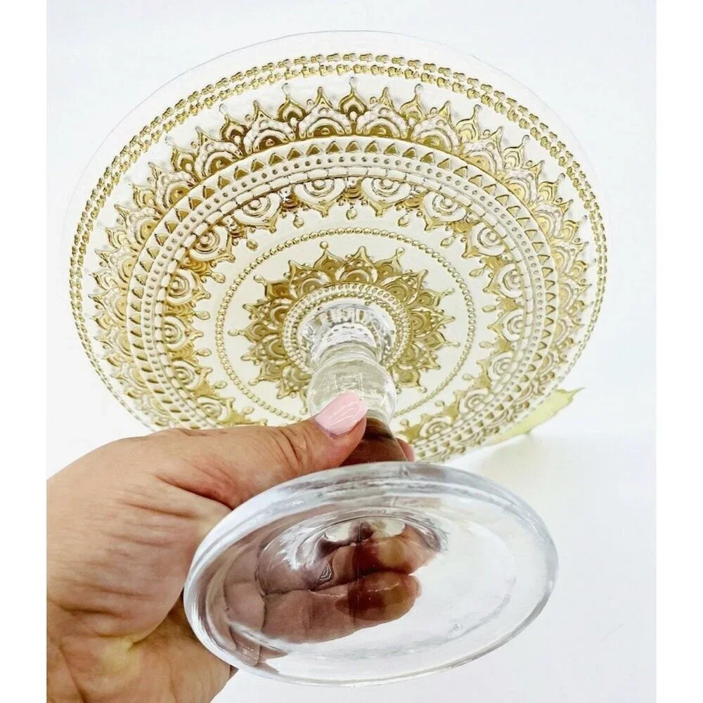 Turkish Glass White Cake Stand Glass Pedestal Dessert Platter Gold Lace 8.2